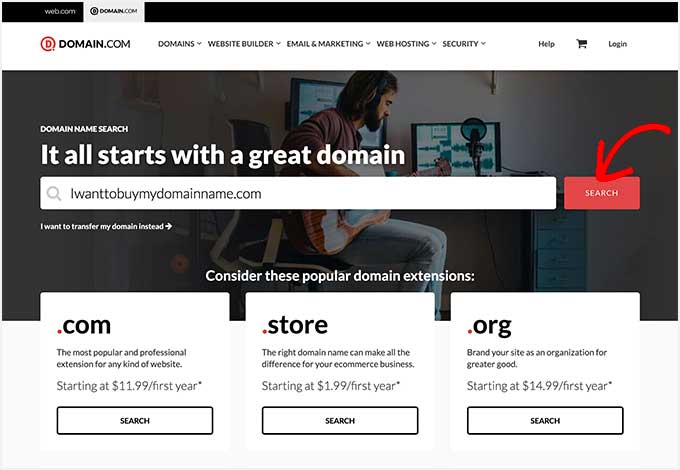 The Domain.com website with search bar