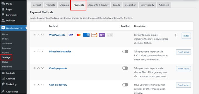 WooCommerce's default payment options