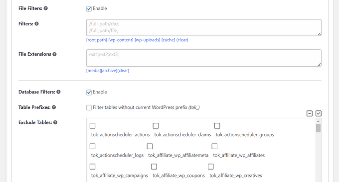 Exclude files, folders, and tables from the backup