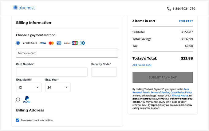 Bluehost checkout, payment, and purchase