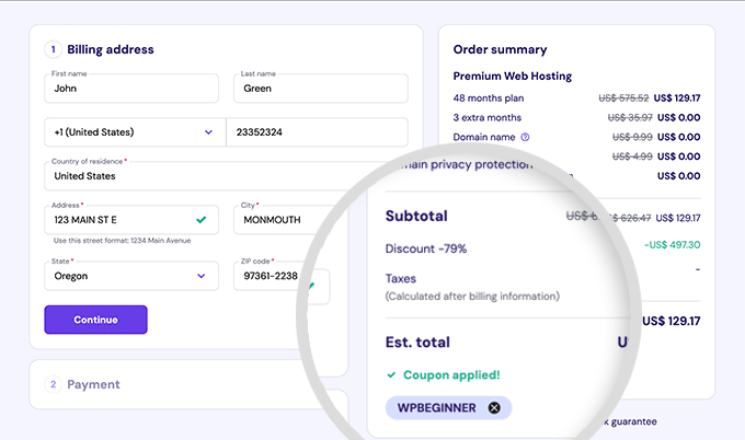 Hostinger Billing information and order summary