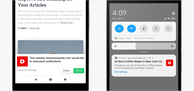 Mobile web push notifications