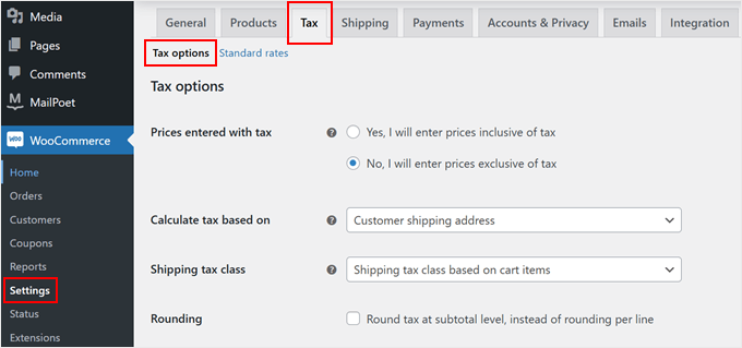 WooCommerce tax options