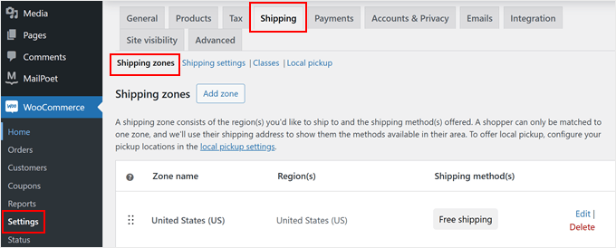 WooCommerce shipping zones